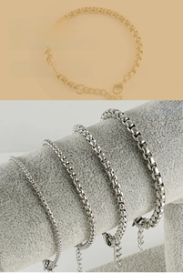 Detail view of square box pearl chain bracelets in four thicknesses and two colors