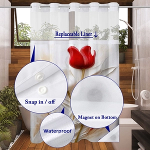 Detail of waterproof shower curtain with snap-in liner and magnetic weighted bottom