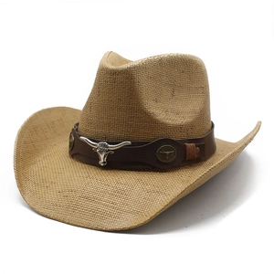 Chapeau De Cowboy En Paille Avec Bande En Similicuir Tête De Taureau En Métal Large Bord Protection Solaire Vintage