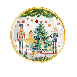 White Christmas nutcracker party paper plate with gold trim and festive illustrations