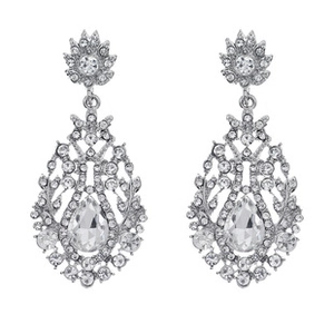 Macro detail of silver-tone bridal drop earrings with intricate rhinestone pavé settings