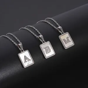 Stainless Steel Initial Necklace Rectangular Mother Of Artificial Pearl Shell Pendant Simple Elegant Jewelry For Women