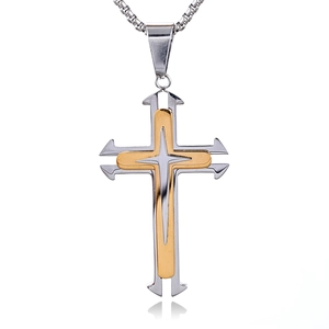 Two-tone silver and gold stainless steel double cross pendant with a box chain