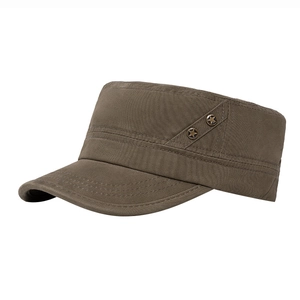 Army green cotton flat top cadet cap with vintage metal star studs in side view