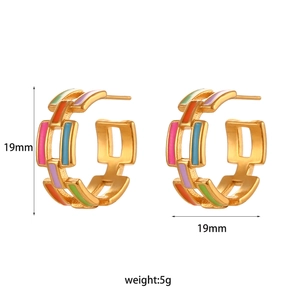 18K gold plated hollow chain earrings with colorful enamel plaid pattern, 19mm diameter