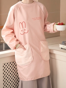 Pink waterproof long-sleeve apron featuring plush pockets and cartoon bunny detail
