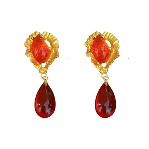 Vintage heart shaped gold earrings with red teardrop pendants and pearl accents