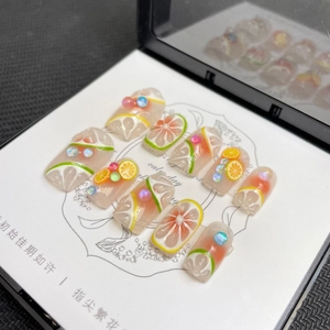 Handmade press-on nails set with 3D summer citrus fruits and translucent jelly finish