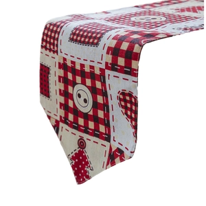 Christmas buffalo plaid table runner with red tree prints and rustic double-layer texture