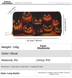 Detailed technical view of Halloween long wallet showing size specs and inner compartments
