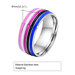 Rainbow striped stainless steel couple ring with 8mm width and multi-color enamel inlay