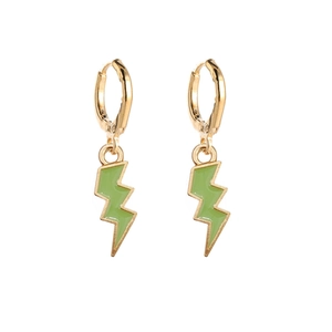 Golden hoop earrings featuring vibrant green lightning bolt pendants in a modern style