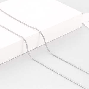 Detailed view of a sleek silver snake bone chain necklace made of polished titanium steel