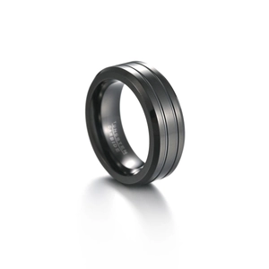 Minimalist 8mm black tungsten carbide ring for men featuring dual groove matte finish