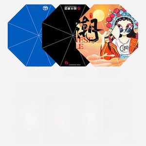 Detail of custom folding umbrellas showing digital print patterns and windproof ribs