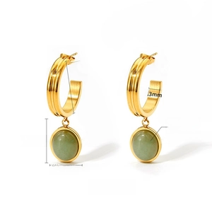Detailed view of gold C-shaped earrings with green aventurine stone and dimensions
