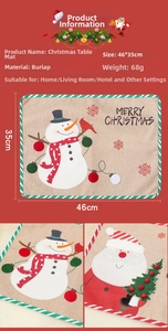 Detail showing Christmas burlap placemat with snowman embroidery and striped edges
