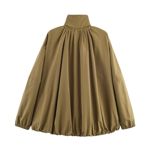 Olive green stand collar bomber jacket with unique back pleats and A-line silhouette