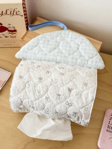 Quilted heart tissue bag with blue plaid and bunny prints in hanging design