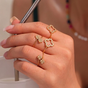 Bague Ouverte En Acier Inoxydable Géométrique Trèfle Zircon Réglable Bijoux De Mode Élégants Cadeau Pour Femmes