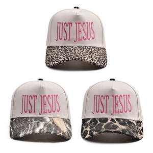 Cotton Baseball Cap Just Jesus Pink Letter Embroidery Leopard Camo Print Brim Outdoor Sunshade Adjustable Casual Hat