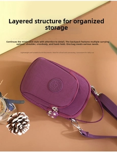 Detail view of purple multi-layer nylon crossbody bag with zipper and FANCY logo