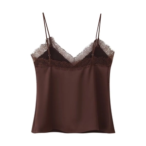 Deep chocolate satin camisole with lace trim and V-neckline in a high-quality flat lay view