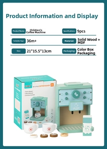 Wooden toy coffee machine set for kids in mint green finish with nine accessories
