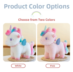 Detailed comparison of pink and white plush unicorns with rainbow mane and pearl necklace