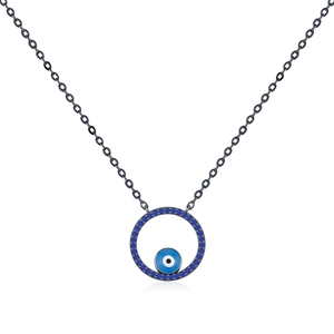 Minimalist S925 silver necklace featuring a blue enamel evil eye pendant on a black chain