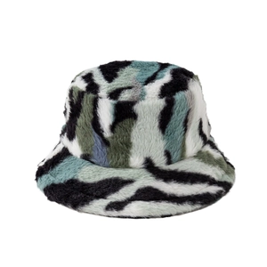 Winter plush faux fur bucket hat featuring a colorful abstract camouflage pattern