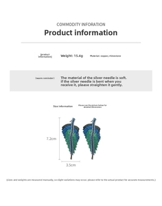 Close-up of leaf-shaped earrings with blue gradient rhinestones and dimensions shown