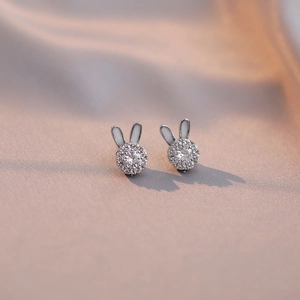 Minimalist silver rabbit pendant necklace with sparkling cubic zirconia stones