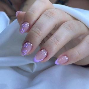 Purple French Almond Shape Press On Nails With 3D Daisy Flowers Floral ABS Detachable Manicure Sweet Style For Women