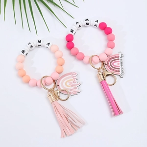 Silicone bead wristlet keychain with MAMA letter beads and tassel for Mother's Day