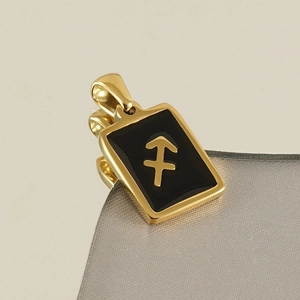 Detail of square Sagittarius zodiac pendant in gold-plated steel and black enamel