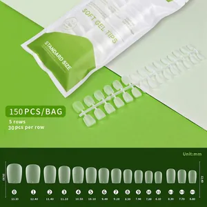Detailed size chart for ballerina press-on nails showing width and length in millimeters