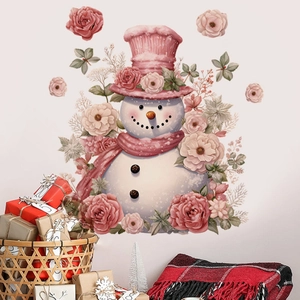 Watercolor snowman wall sticker with pink roses and hat for cozy Christmas home decor