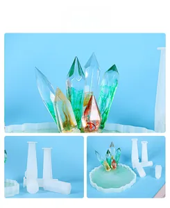 Macro view of hexagonal crystal resin molds and colorful gradient epoxy prism results