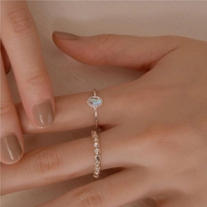 Adjustable Ring 925 Sterling Silver With Oval Moonstone And Beaded Band Minimalist Vintage Jewelry For Women