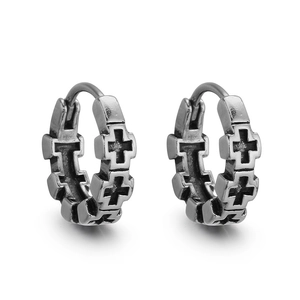 Vintage stainless steel hoop earrings with black cross pattern and silver finish