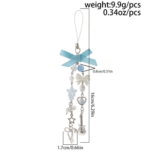 Detailed size view of blue bow keychain with silver star, heart and guitar charms