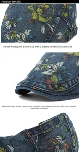 Detail view of washed denim cap with colorful floral print and metal adjustment buckle