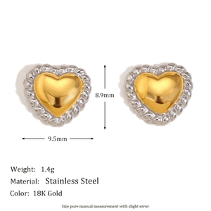 Detail view of heart stud earrings with size specs and stainless steel twisted rope border
