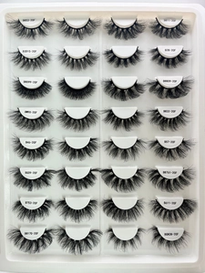 Detailed palette showcasing 16 pairs of 20mm thick messy faux mink eyelashes in 16 styles
