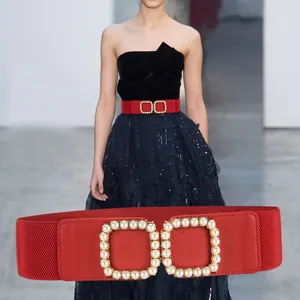 Elastic red waist belt with pearl square buckles for women's dress fashion accessory