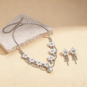 Close-up of pearl flower jewelry set with sparkling rhinestones and teardrop pendant