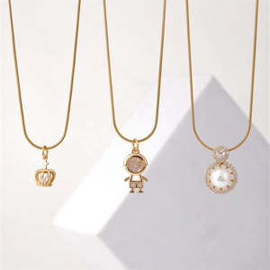 Copper Pendant Necklace Gold Plated Artificial Pearl Zircon Crown Boy Figurine Snake Chain Vintage Luxury Jewelry For Women