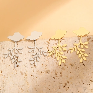 Polished metallic leaf pendant earrings in gold and silver finish with cloud design