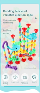 Detailed 3D marble run construction with colorful tubes and ball catapult for ages 3+